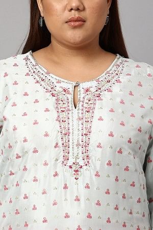 Light Blue Floral Printed Plus Size Embroidered kurta with Pink Tights