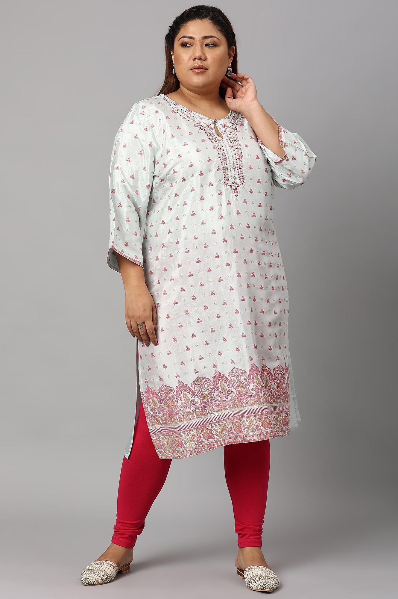 Light Blue Floral Printed Plus Size kurta With Embroidery - wforwoman