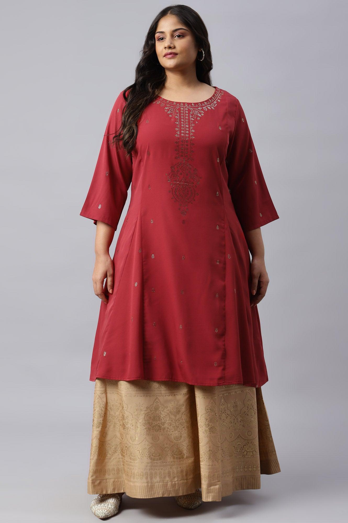 Red Mukaish Printed Plus Size kurta - wforwoman