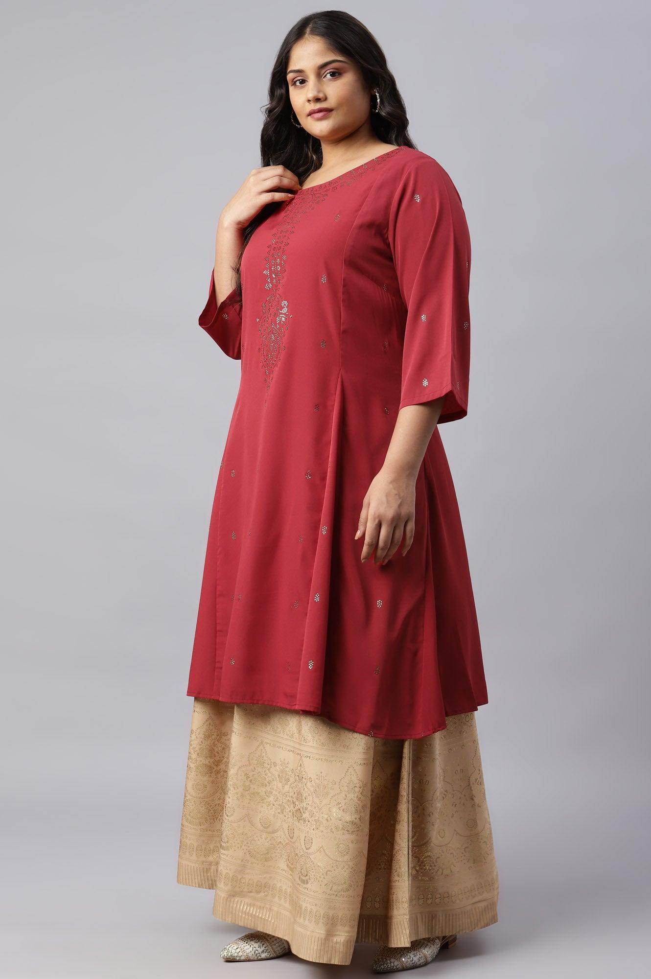 Red Mukaish Printed Plus Size kurta - wforwoman