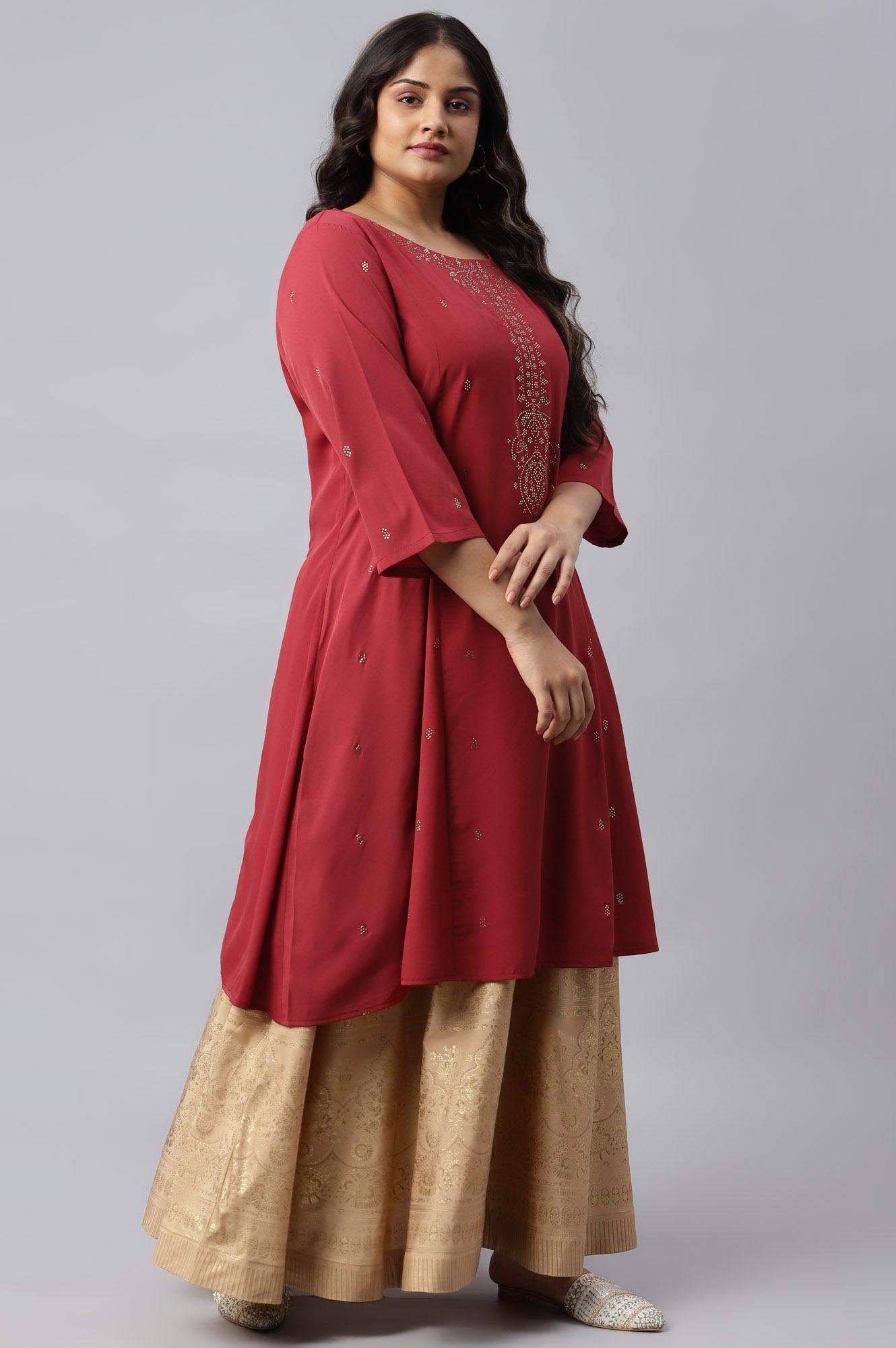 Red Mukaish Printed Plus Size kurta - wforwoman