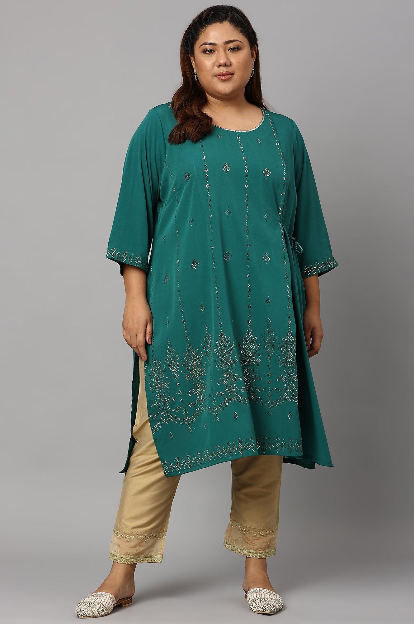 Green Mukaish Printed Layered Plus Size kurta - wforwoman