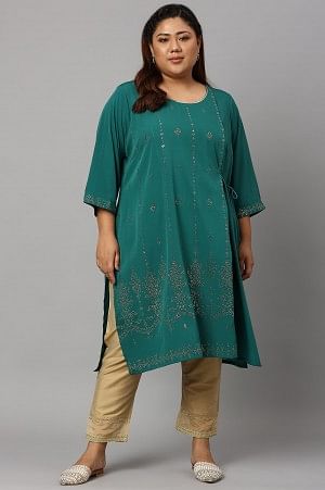 Green Mukaish Printed Layered Plus Size kurta with Gold Embroidered Slim Pants