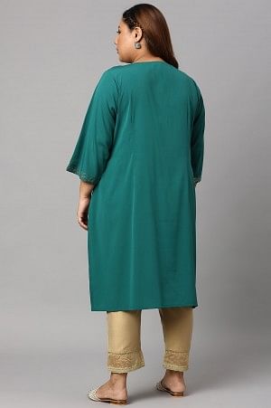 Green Mukaish Printed Layered Plus Size kurta with Gold Embroidered Slim Pants