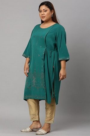 Green Mukaish Printed Layered Plus Size kurta with Gold Embroidered Slim Pants