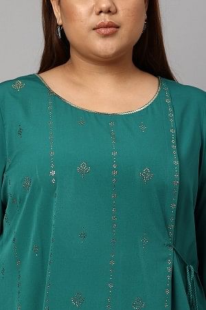 Green Mukaish Printed Layered Plus Size kurta with Gold Embroidered Slim Pants