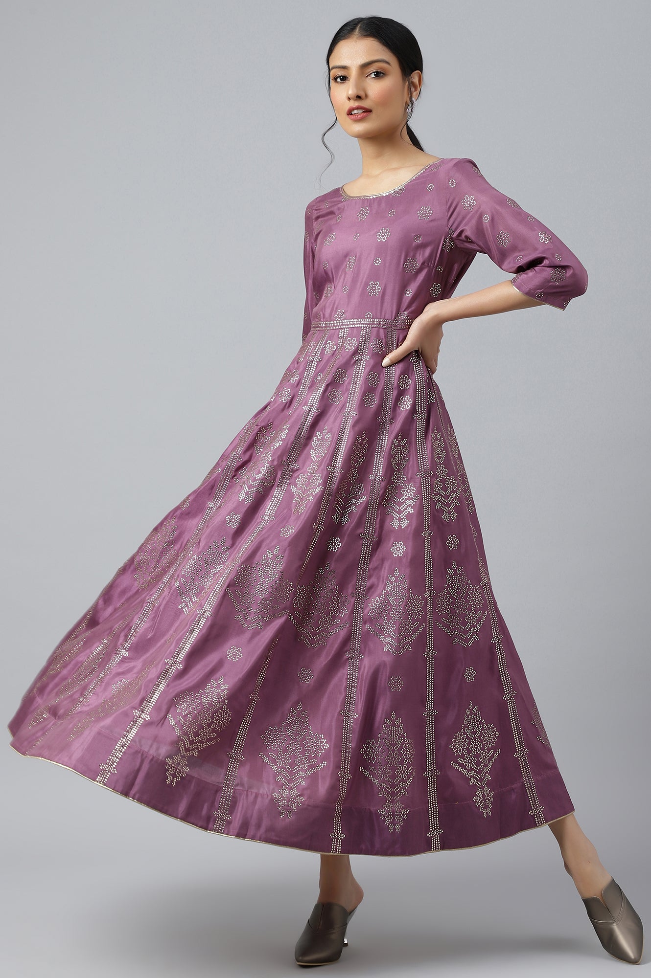 Purple Panelled Kalidar Ethnic Dress With Sequin