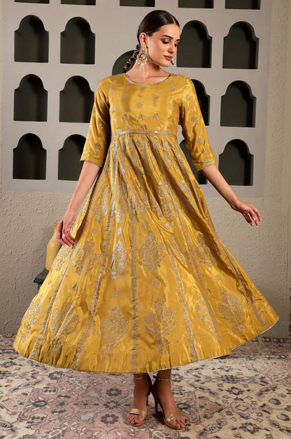 Celery Yellow Mukaish Printed Embellished Flared Dress with Lurex Piping