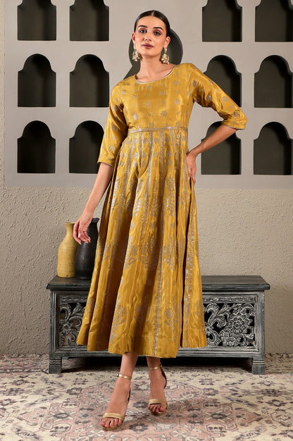 Celery Yellow Mukaish Printed Embellished Flared Dress with Lurex Piping