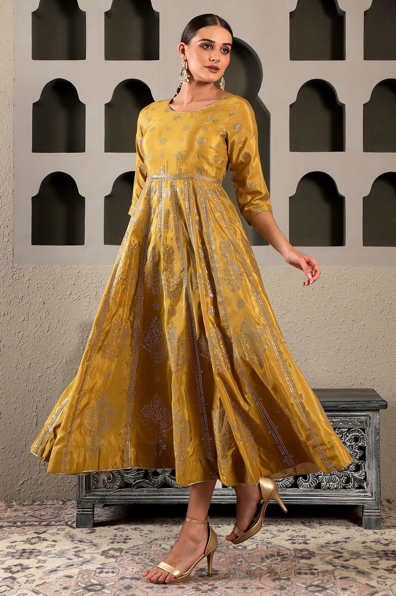 Celery Yellow Mukaish Printed Embellished Flared Dress with Lurex Piping