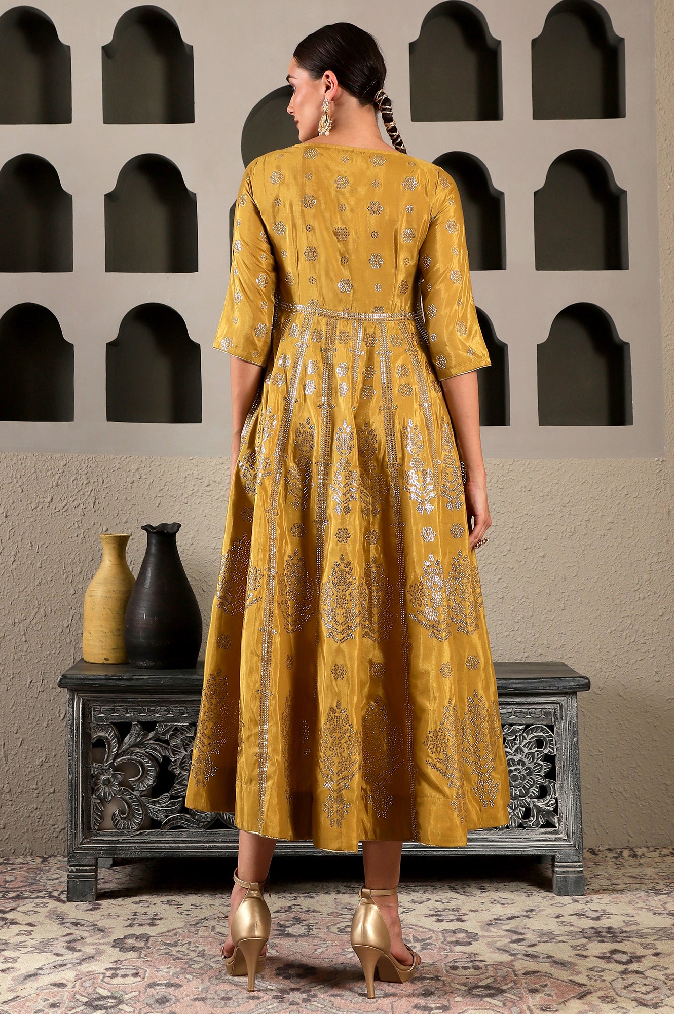 Celery Yellow Mukaish Printed Embellished Flared Dress with Lurex Piping