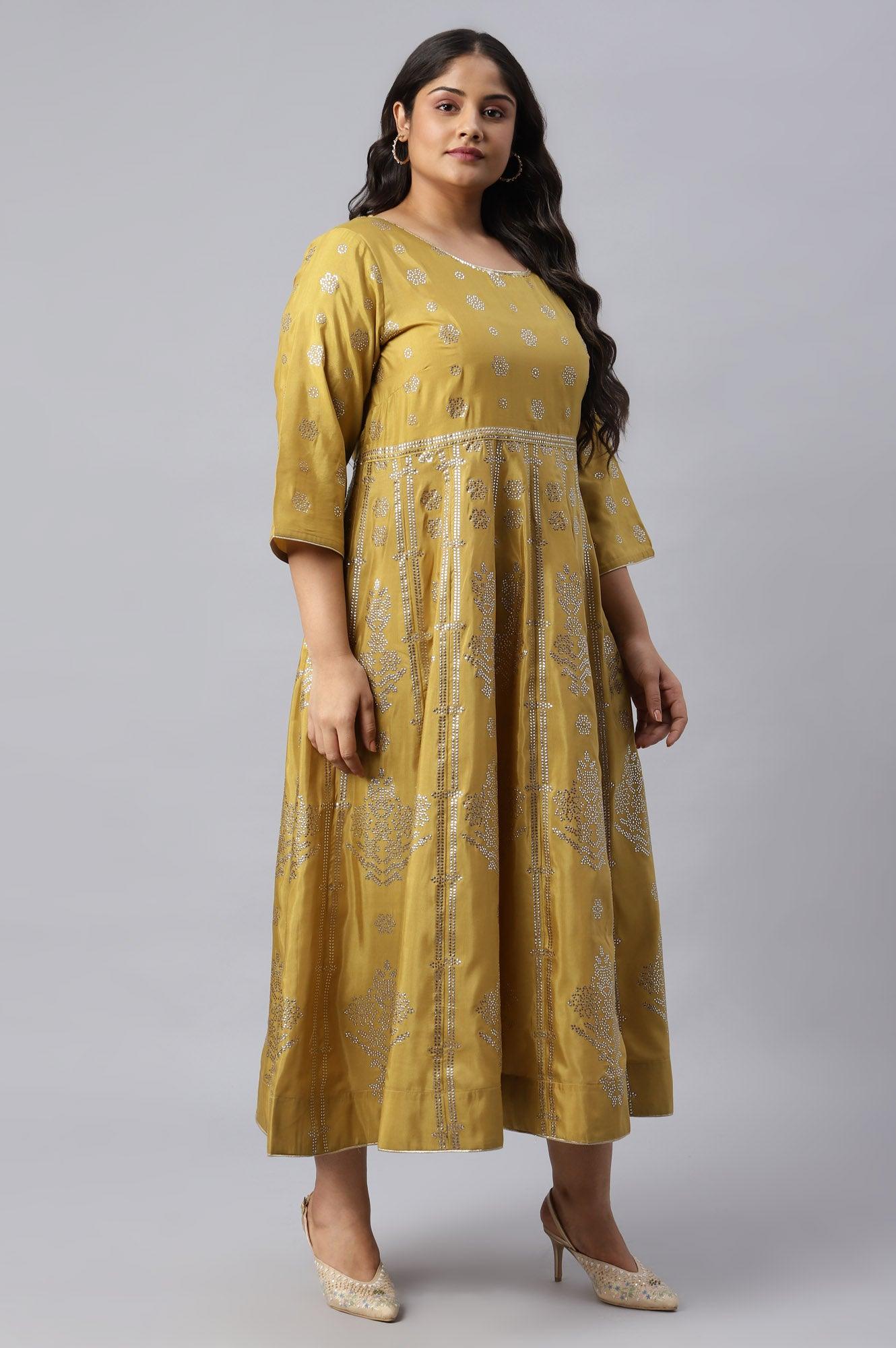 Plus Size Yellow Panelled Kalidar Ethnic Dress With Sequin - wforwoman