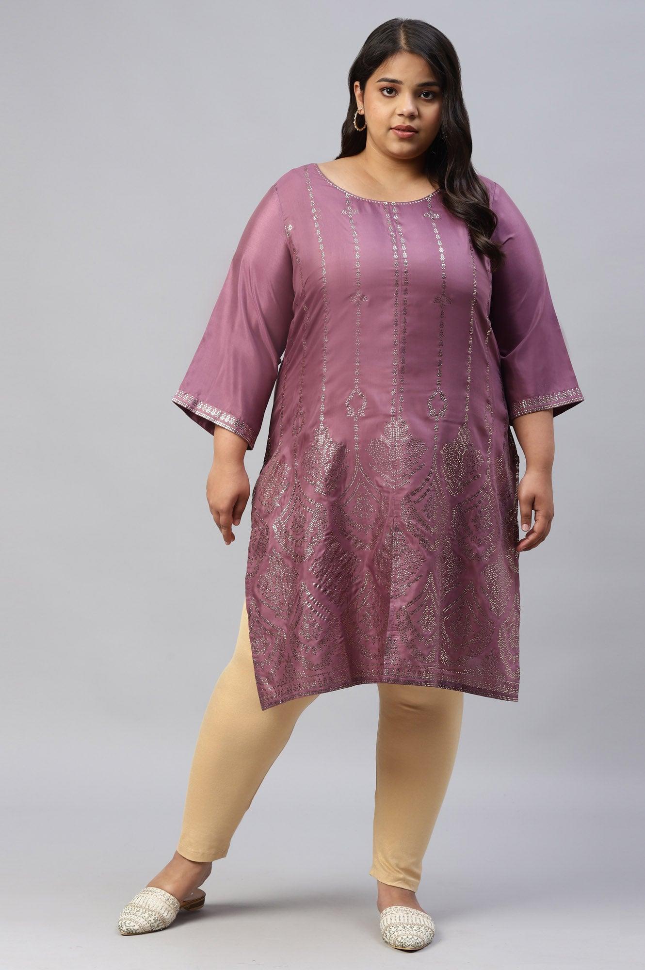 Plus Size Purple Shantung Mukaish Printed kurta - wforwoman
