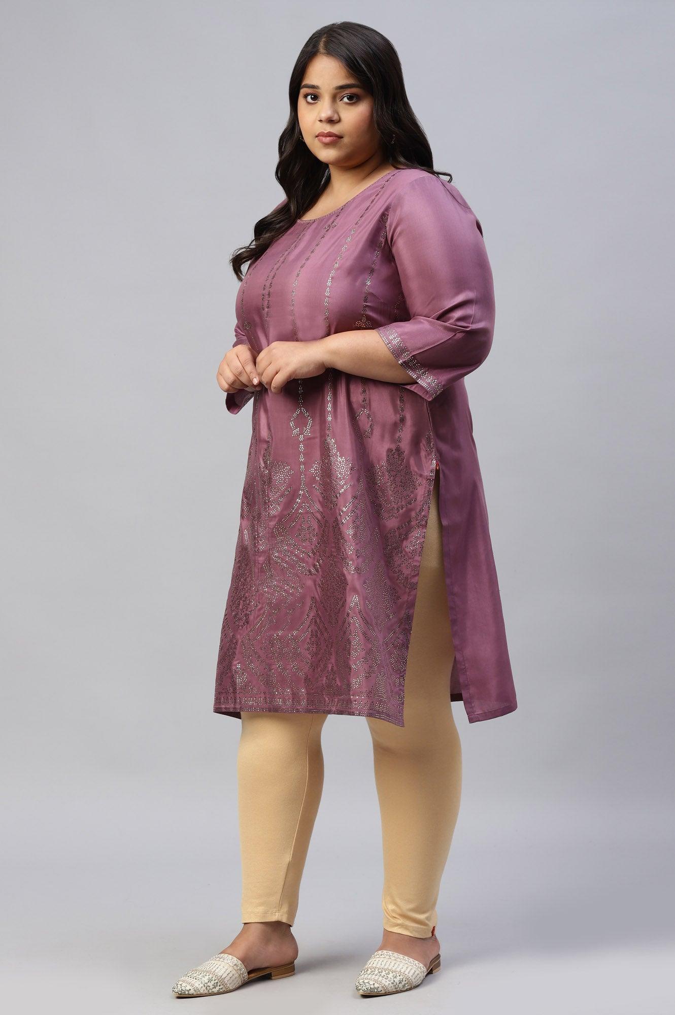 Plus Size Purple Shantung Mukaish Printed kurta - wforwoman