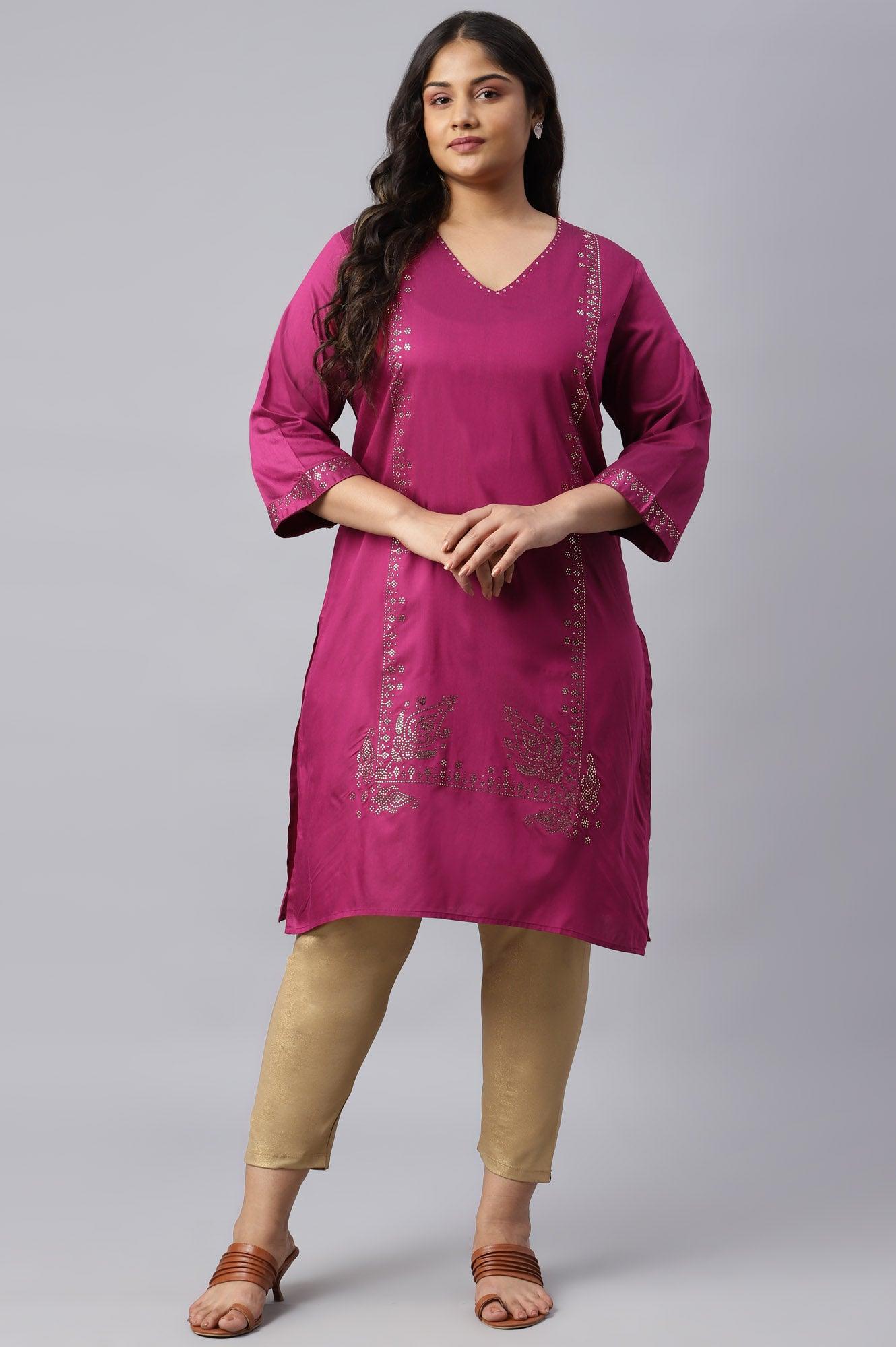 Magenta Mukaish Printed Plus Size kurta With Sequins - wforwoman