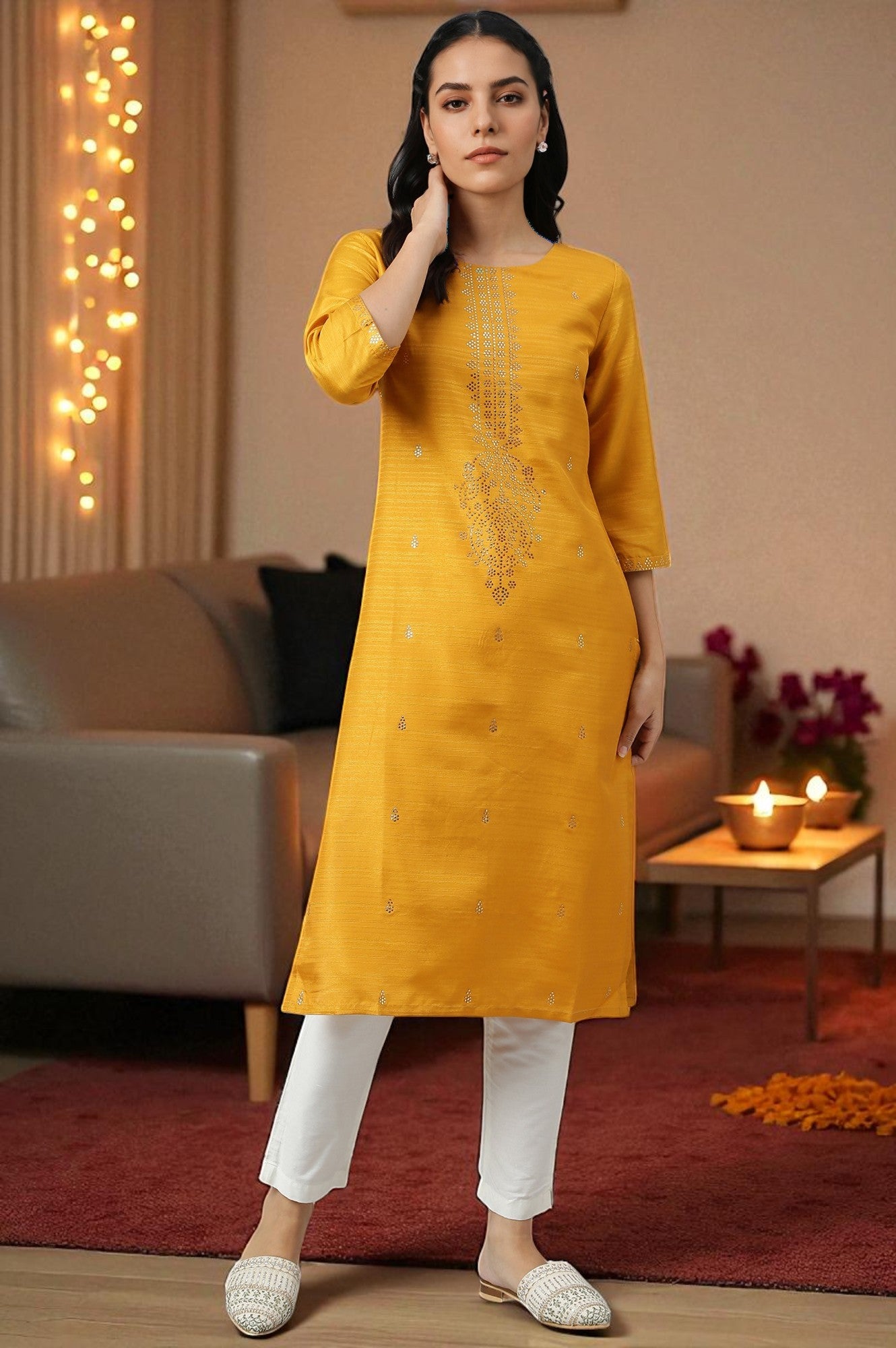 Mustard Karnatka Silk Mukaish Print kurta