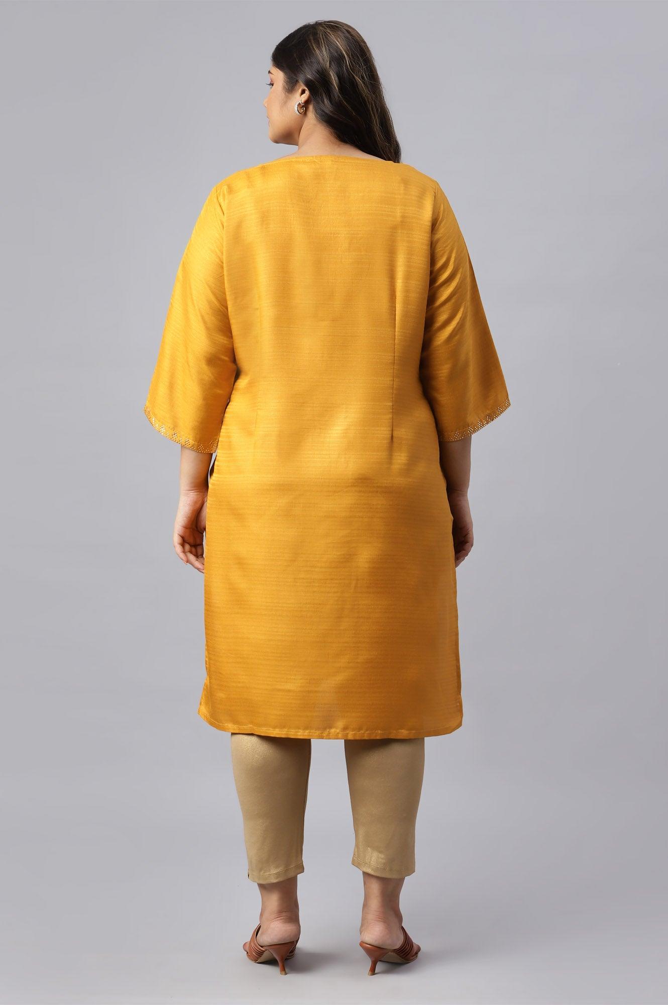 Plus Size Mustard Karnatka Silk Mukaish Print kurta - wforwoman