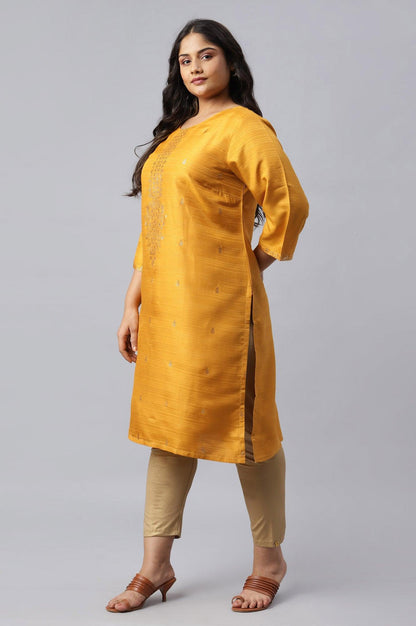 Plus Size Mustard Karnatka Silk Mukaish Print kurta - wforwoman