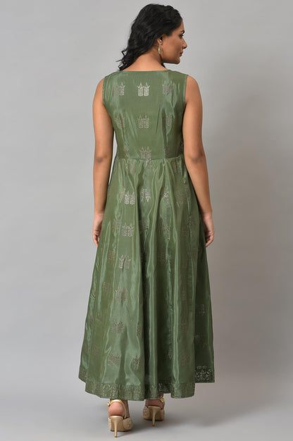 Dark Green Mukaish Georgette Jacket With Flared Sleeveless Dress - wforwoman