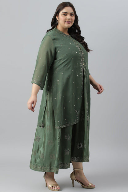 Green Mukaish Dress With Poly Georgette Short Jacket - wforwoman