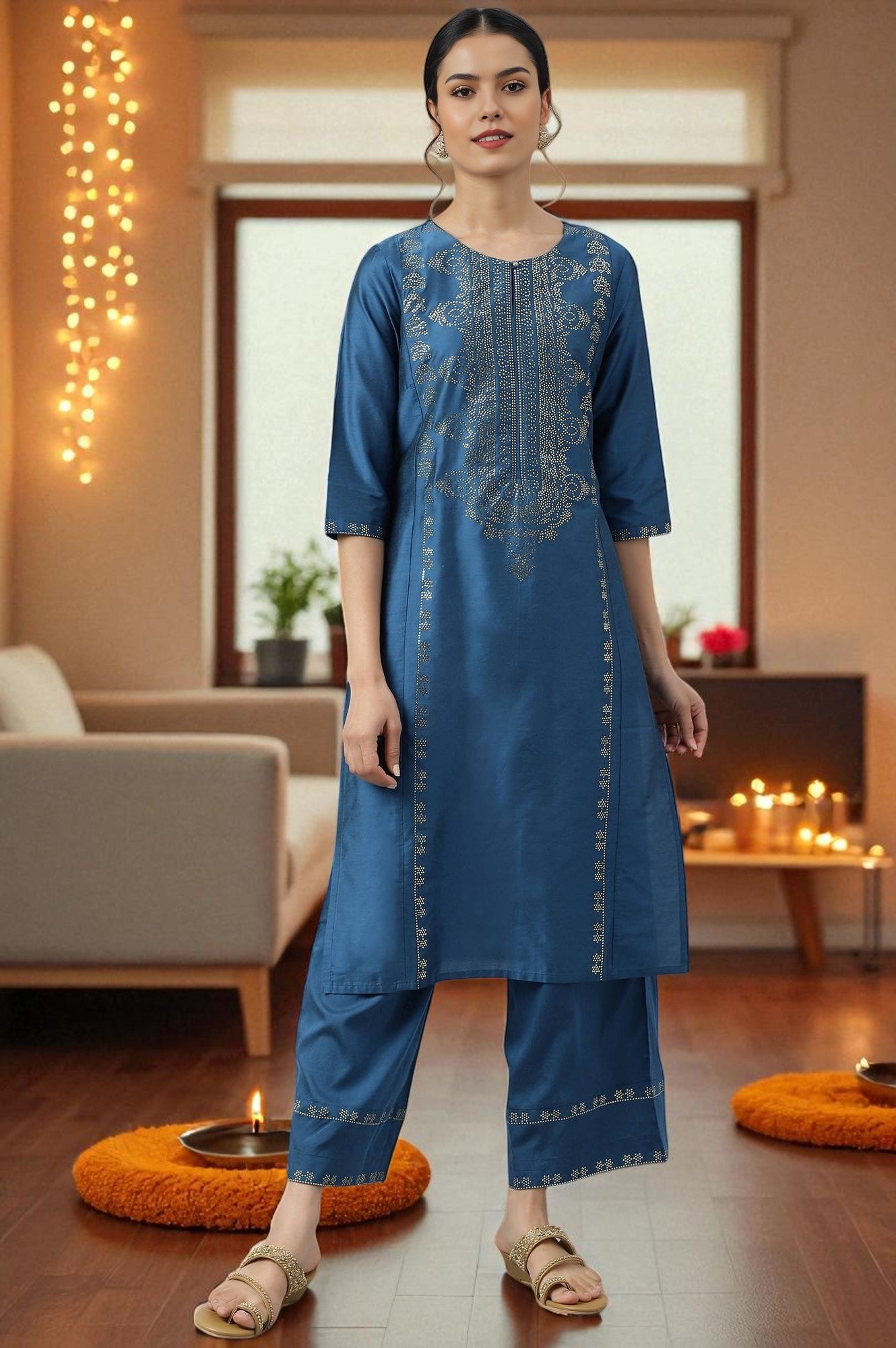 Blue Mukaish Placement Print kurta