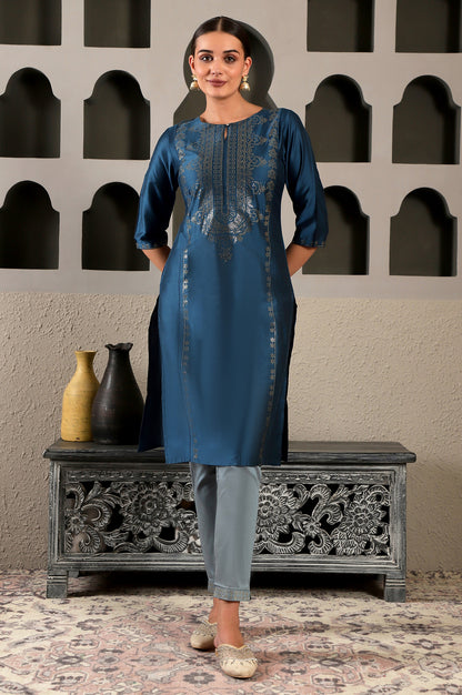 Blue Mukaish Placement Print kurta