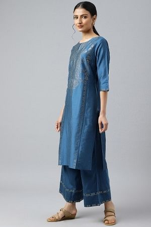 Blue Mukaish Placement Print kurta with Parallel Pants