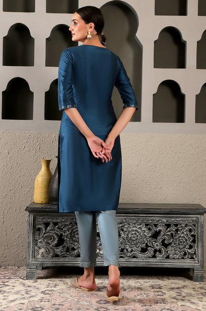 Blue Mukaish Placement Print kurta