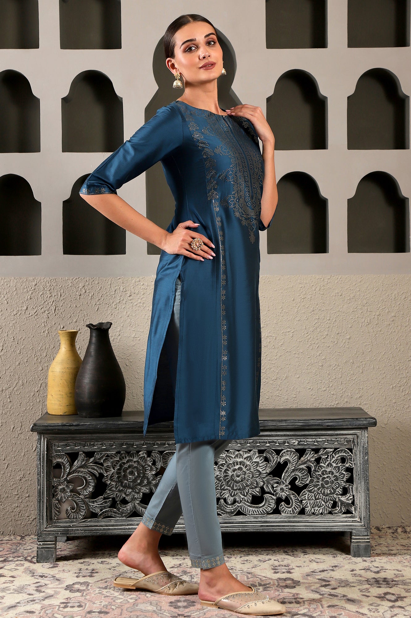 Blue Mukaish Placement Print kurta