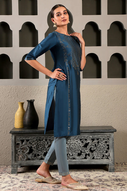 Blue Mukaish Placement Print kurta