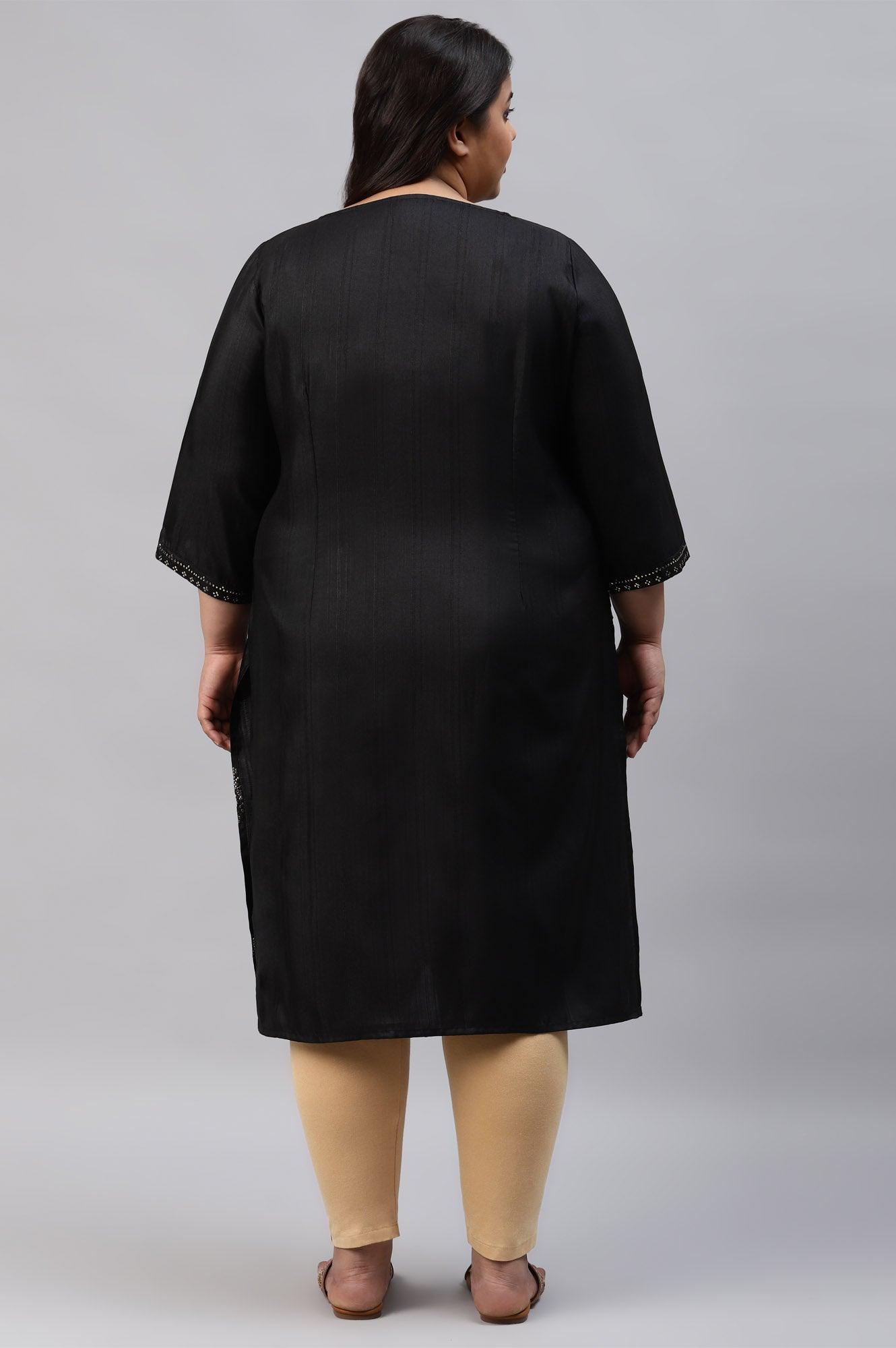 Black Mukaish Printed A-Line Plus Size kurta - wforwoman