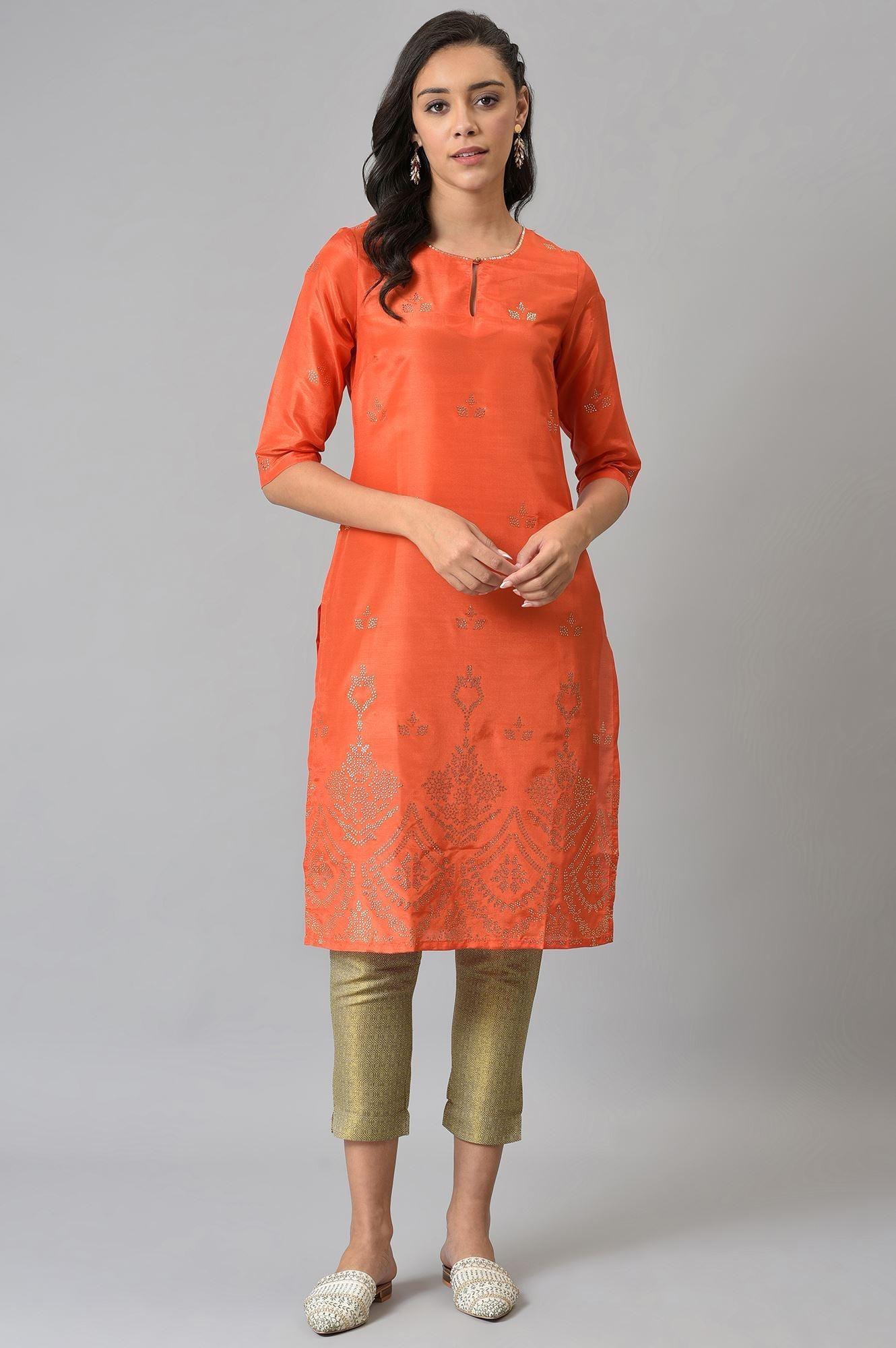 Orange Mukaish Printed kurta - wforwoman