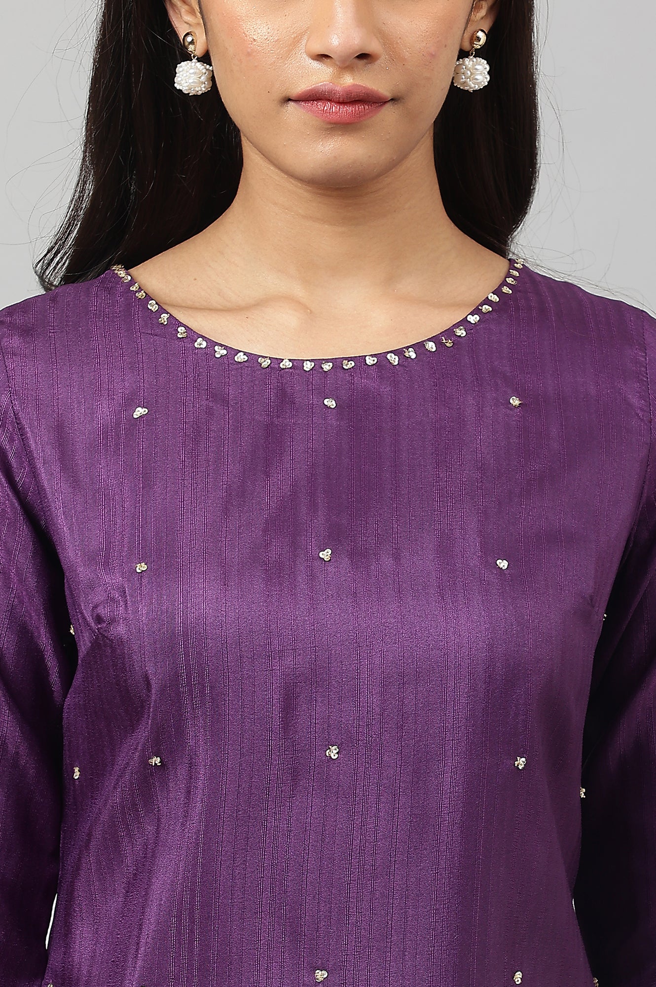 Deep Purple Solid Straight kurta With Sequins