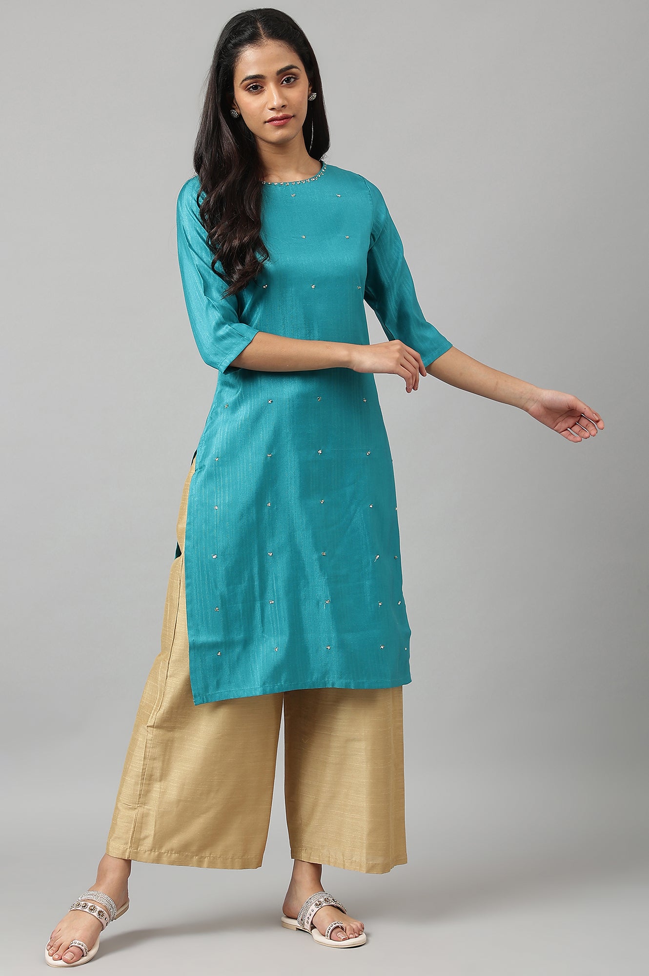 Teal Straight kurta With Sequin Highlight