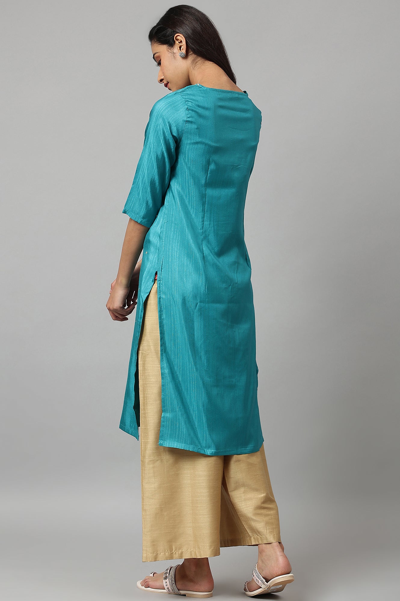 Teal Straight kurta With Sequin Highlight