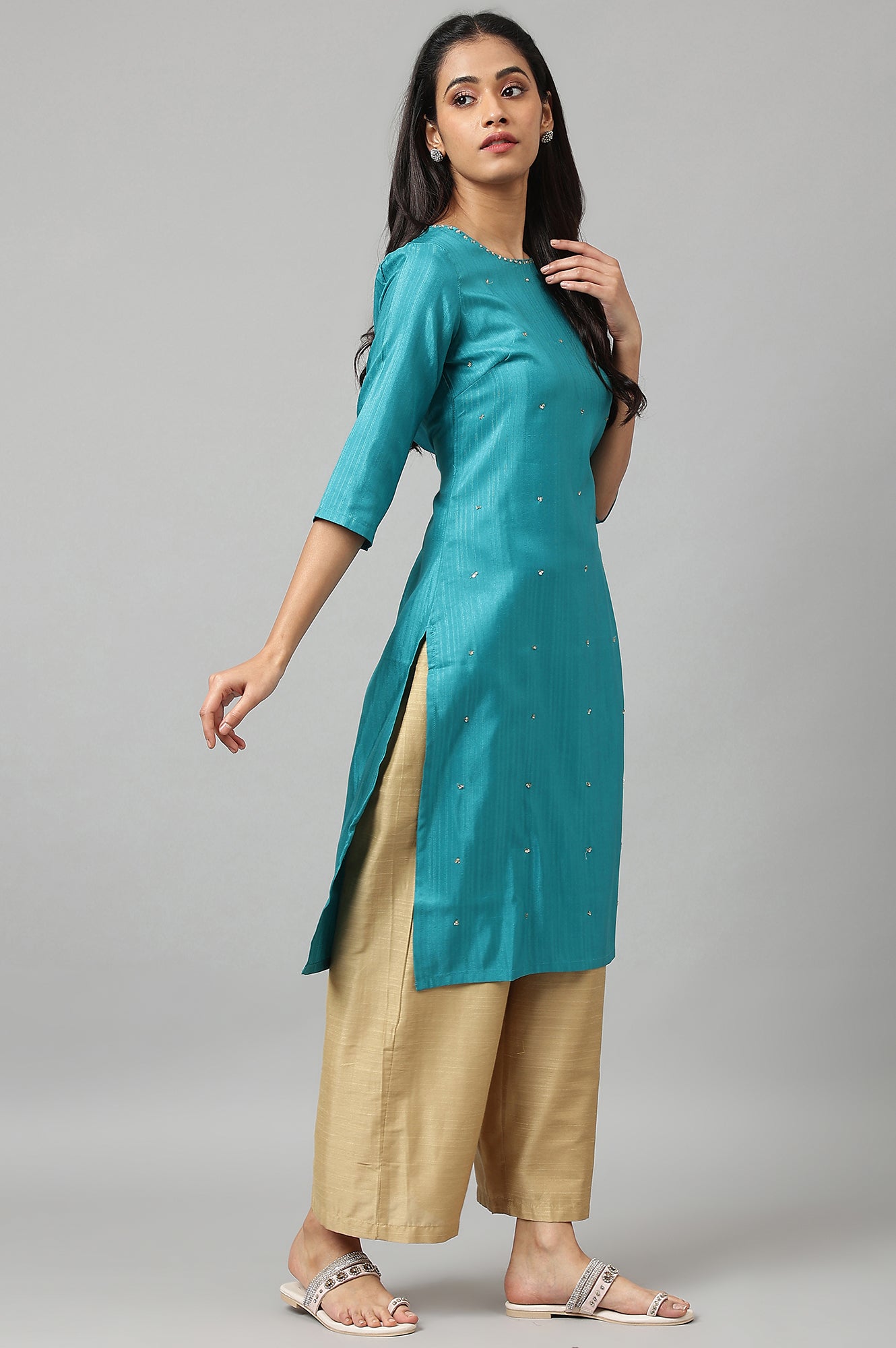 Teal Straight kurta With Sequin Highlight