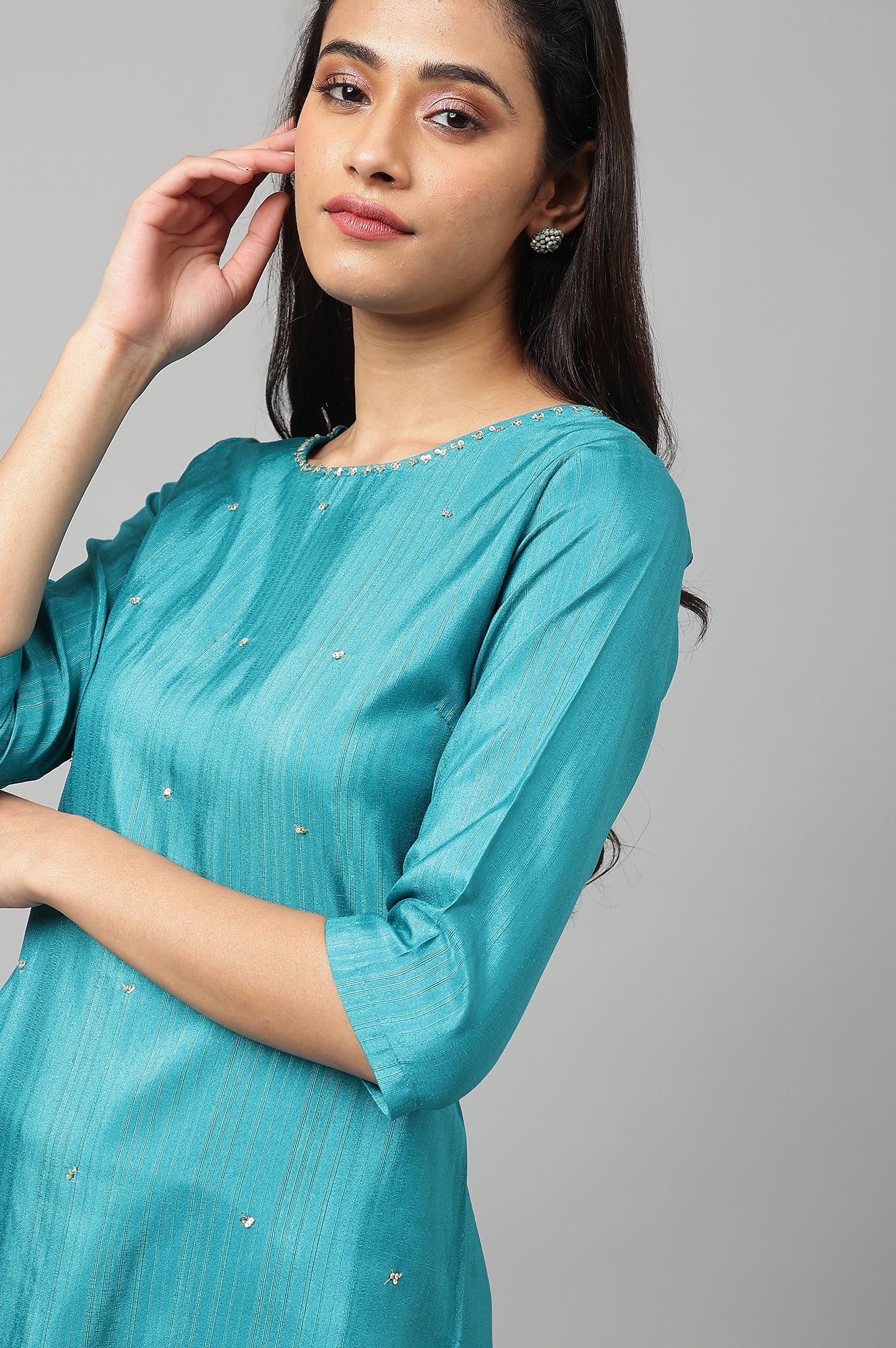 Teal Straight kurta With Sequin Highlight