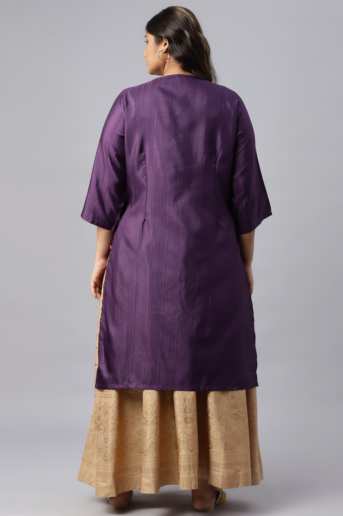 Deep Purple Solid Straight Plus Size kurta With Sequins