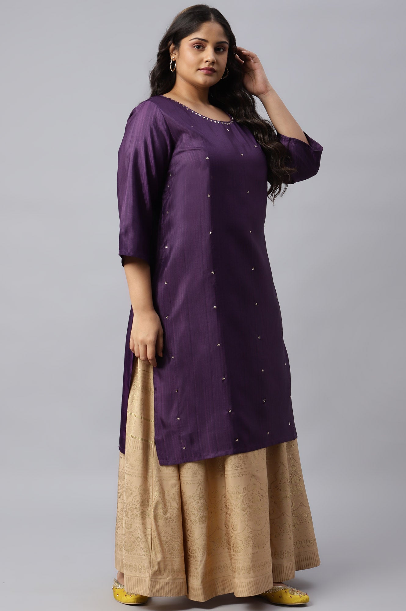 Deep Purple Solid Straight Plus Size kurta With Sequins