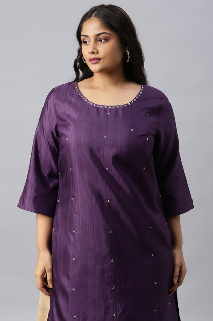 Deep Purple Solid Straight Plus Size kurta With Sequins