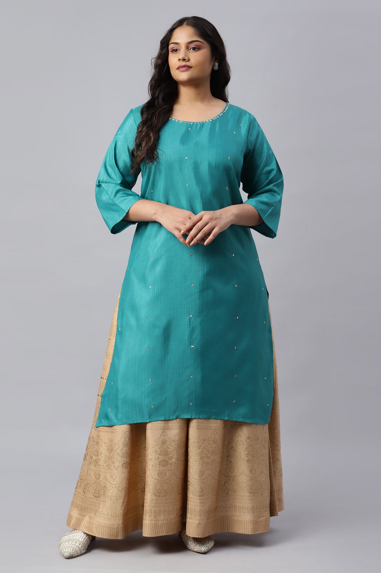 Teal Straight Plus Size kurta With Sequin Highlight