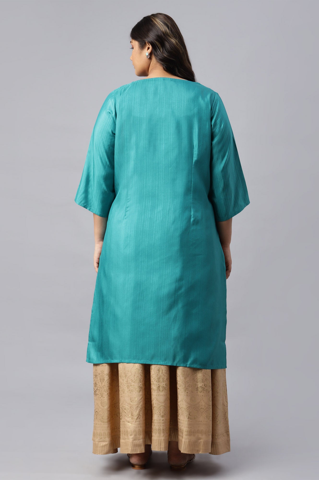 Teal Straight Plus Size kurta With Sequin Highlight