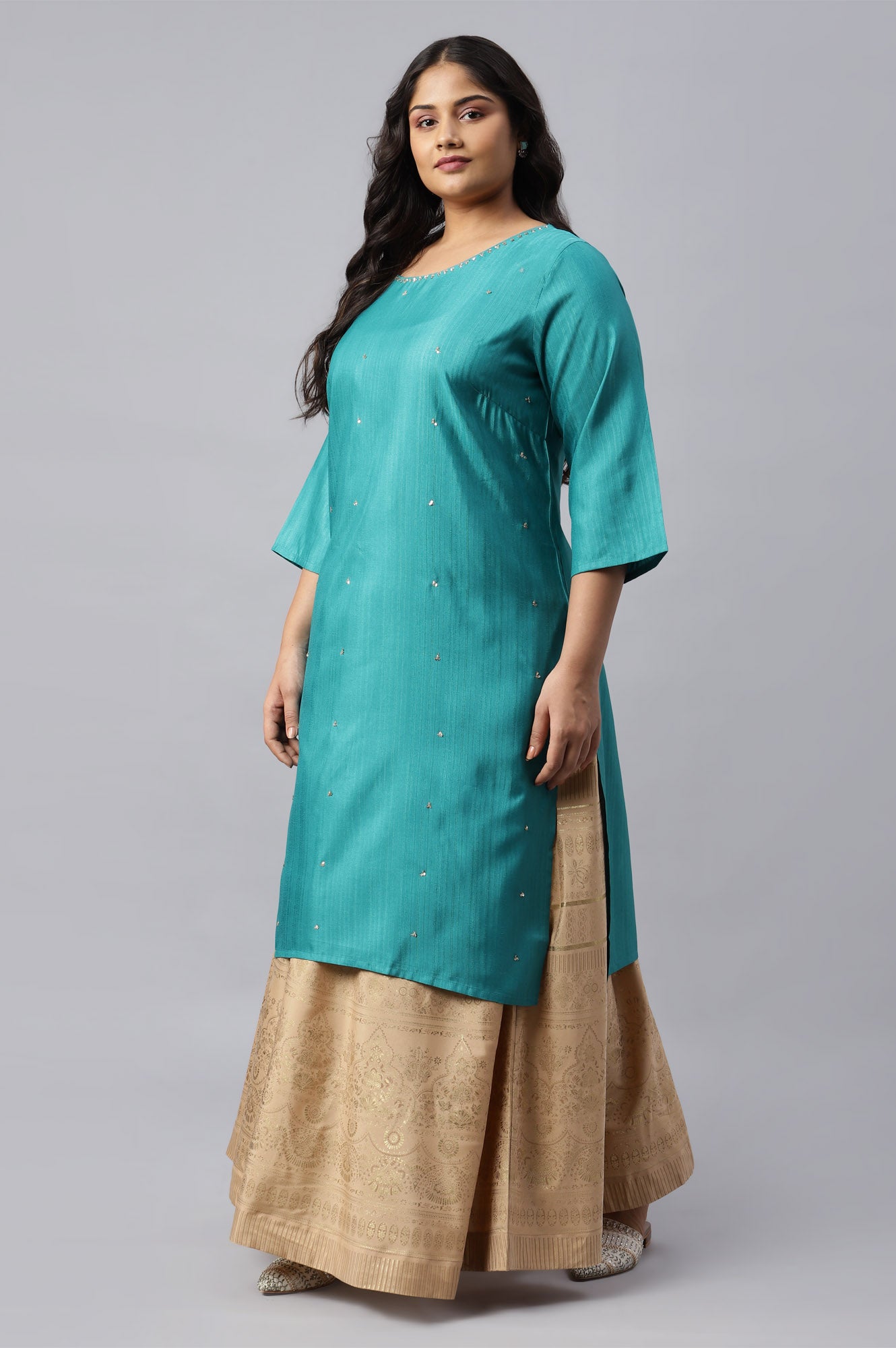 Teal Straight Plus Size kurta With Sequin Highlight