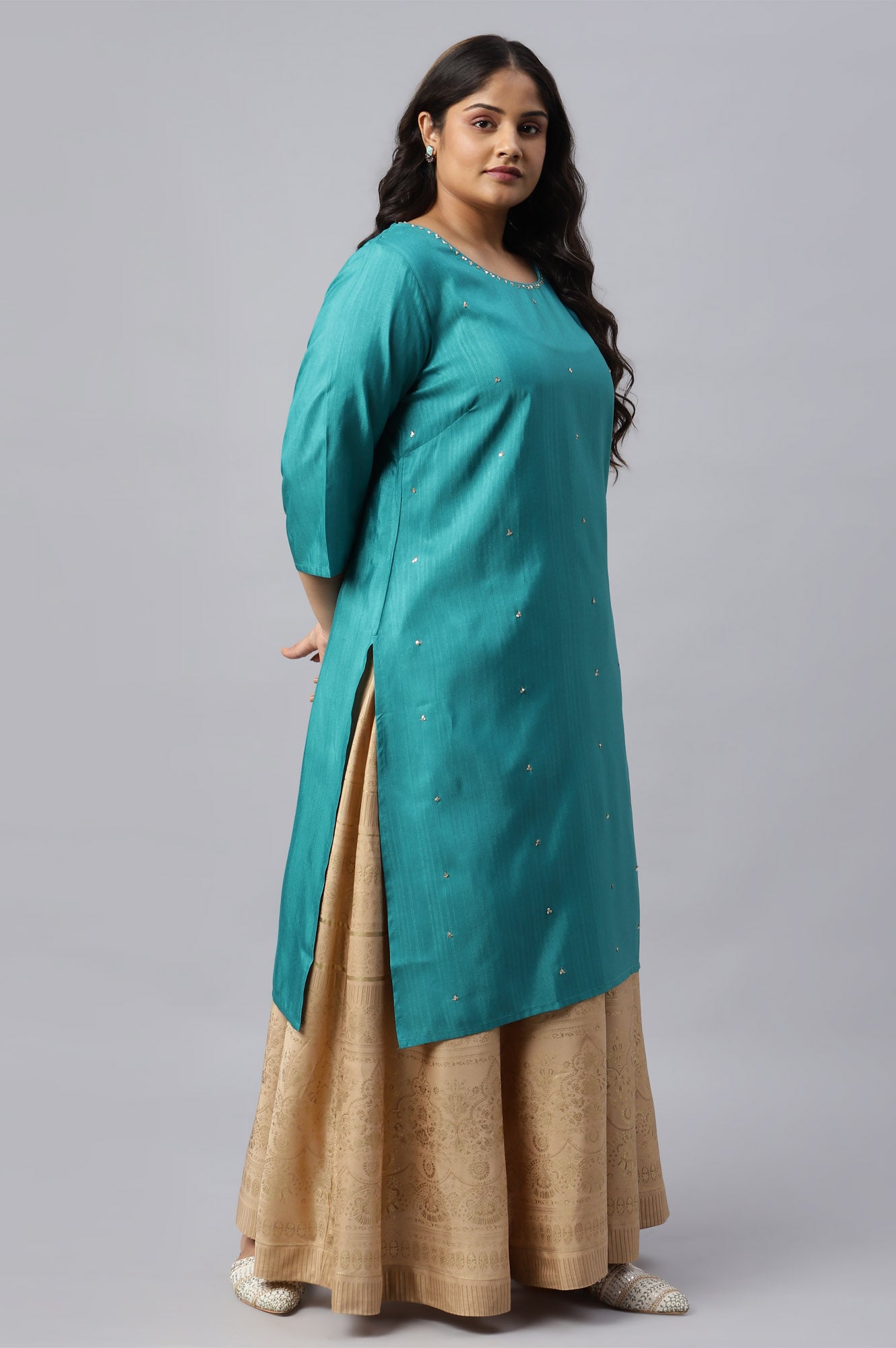 Teal Straight Plus Size kurta With Sequin Highlight