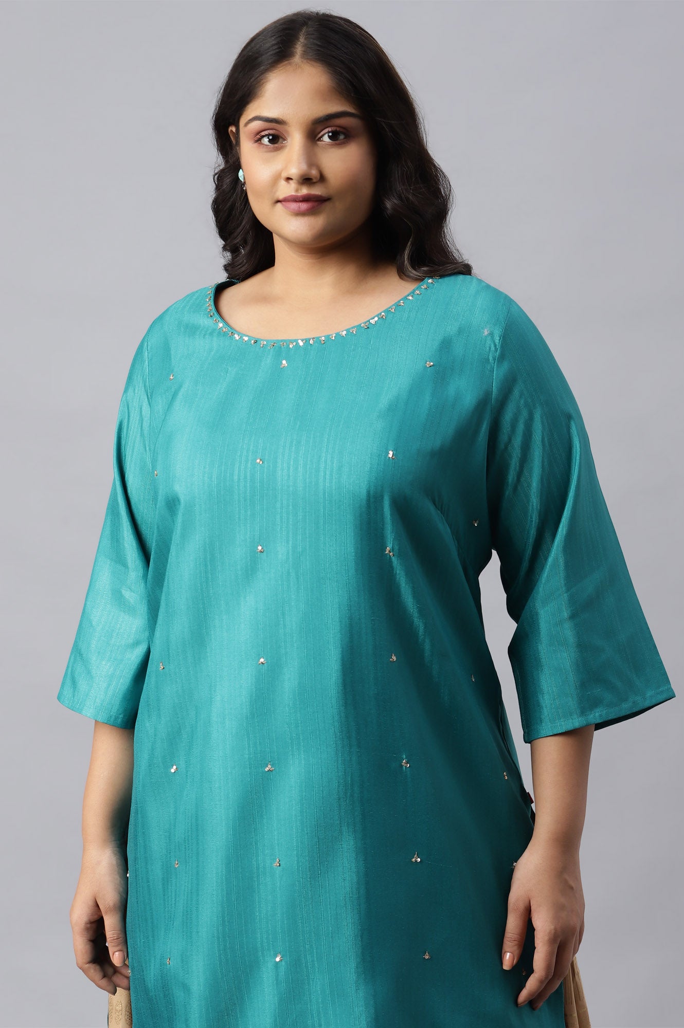 Teal Straight Plus Size kurta With Sequin Highlight