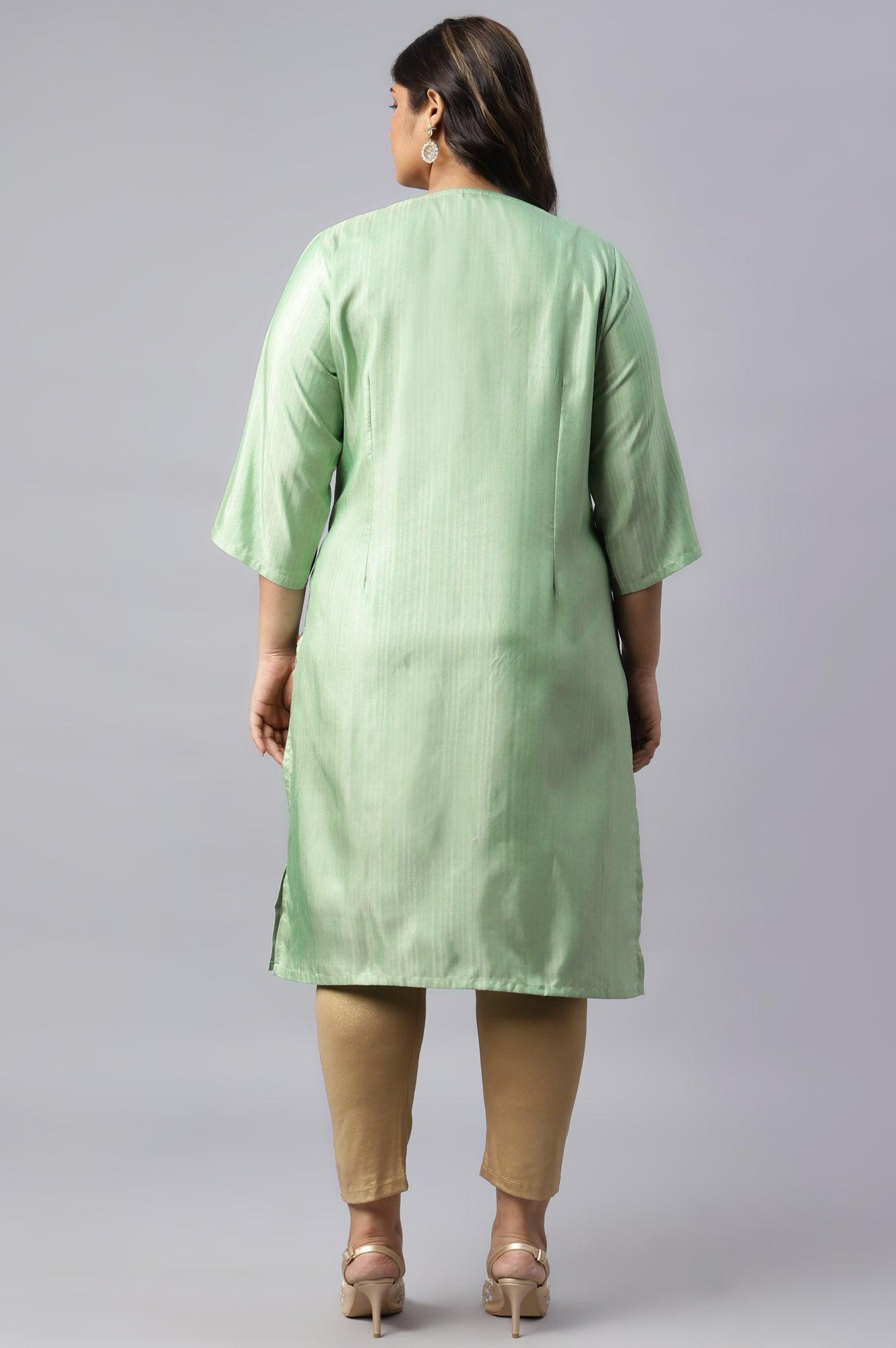 Pistachio Green Mukaish Printed Plus Size kurta - wforwoman