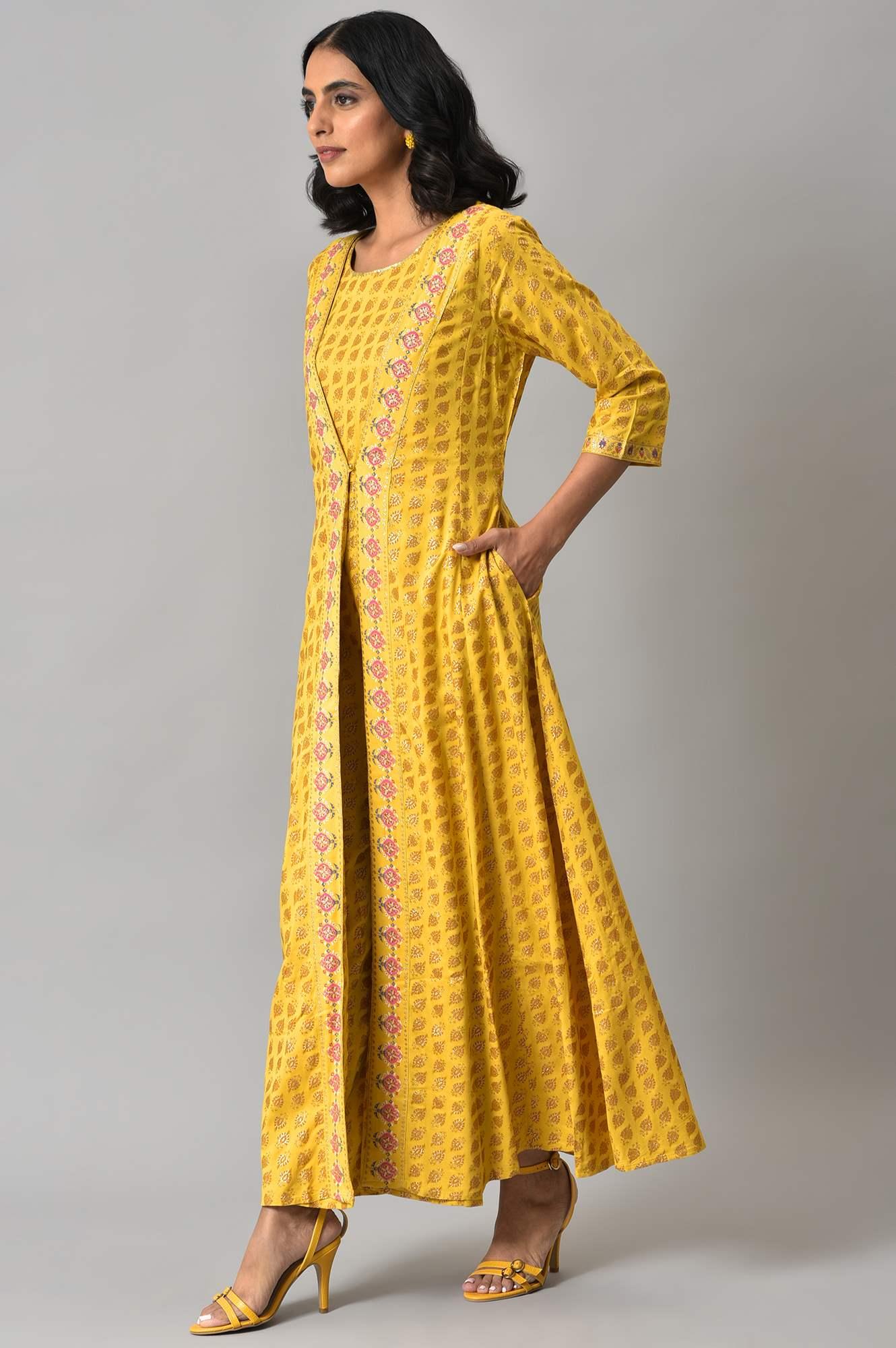 Yellow Glitter Printed Mock Layered Embellished Kimono Jumpsuit - wforwoman