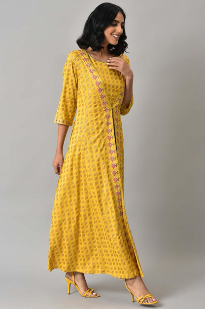 Yellow Glitter Printed Mock Layered Embellished Kimono Jumpsuit - wforwoman