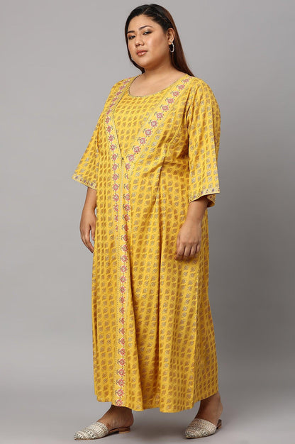 Yellow Glitter Printed Mock Layered Embellished Plus Size Kimono Jumpsuit - wforwoman