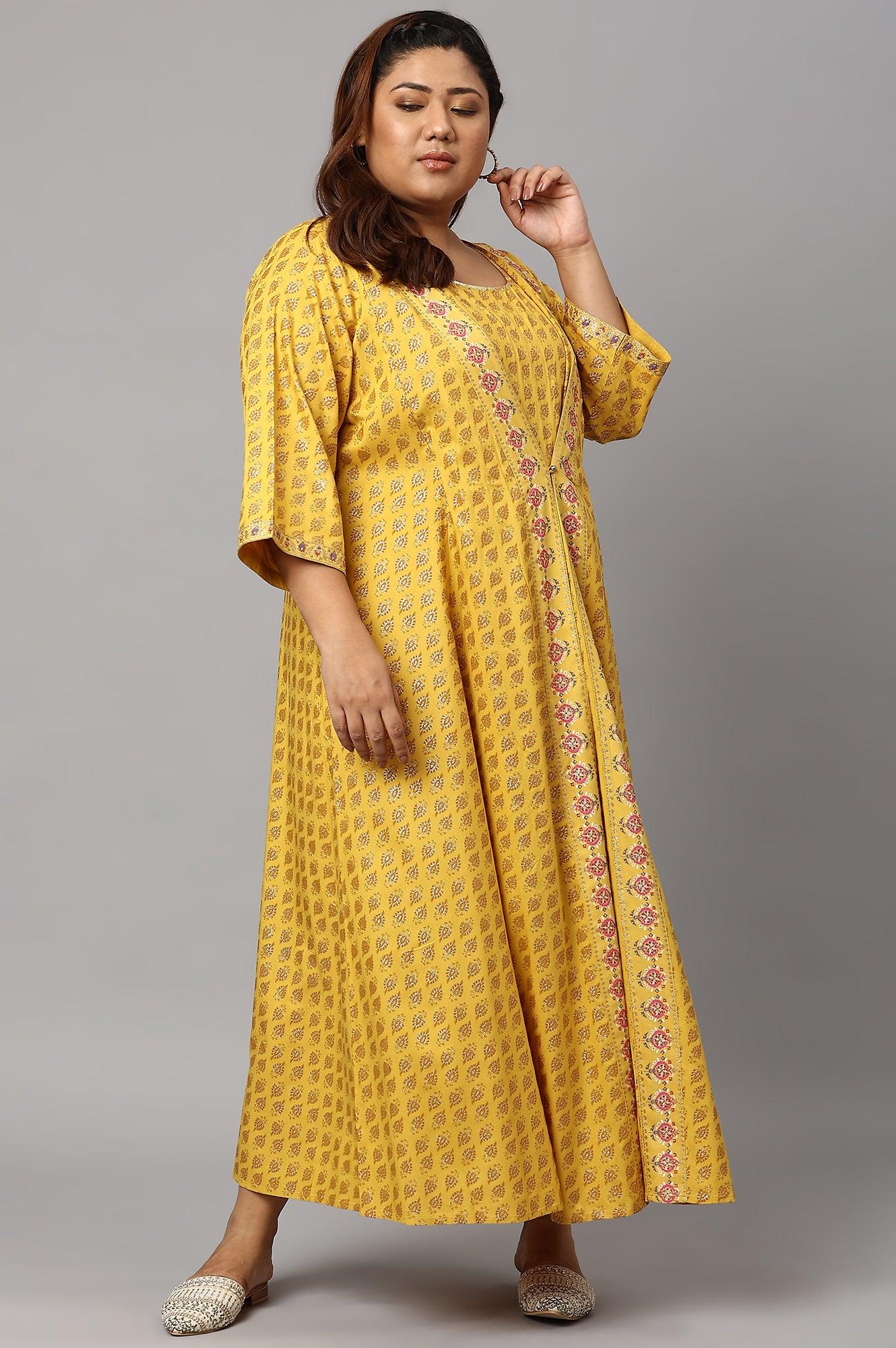 Yellow Glitter Printed Mock Layered Embellished Plus Size Kimono Jumpsuit - wforwoman